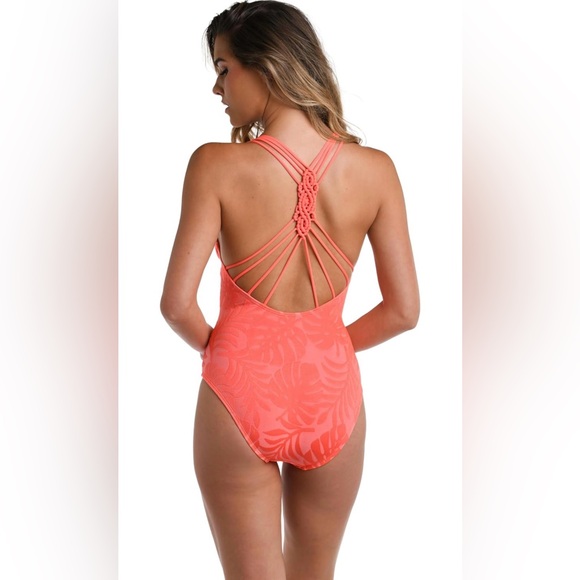La Blanca Women's Multi Strap Cross Back One Piece Swimsuit Coral/Island Palm - Picture 2 of 5